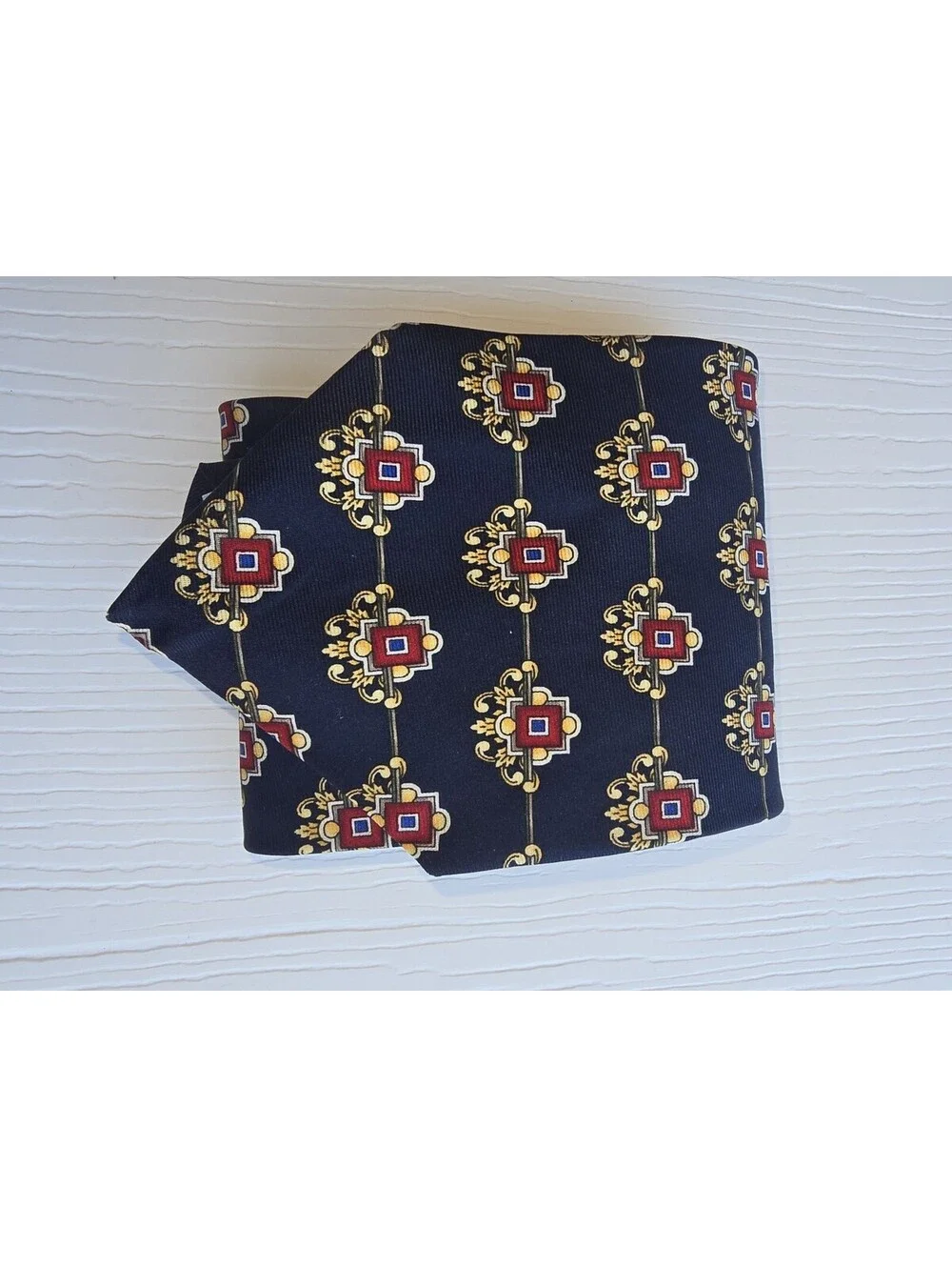 Vintage Italy Silk Necktie Navy Red Gold Geometric Medallion Wide Tie